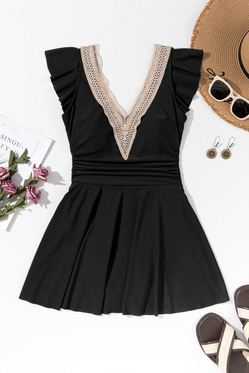 Ruffled Lace Trim Short Sleeve V Neck Swim Dress