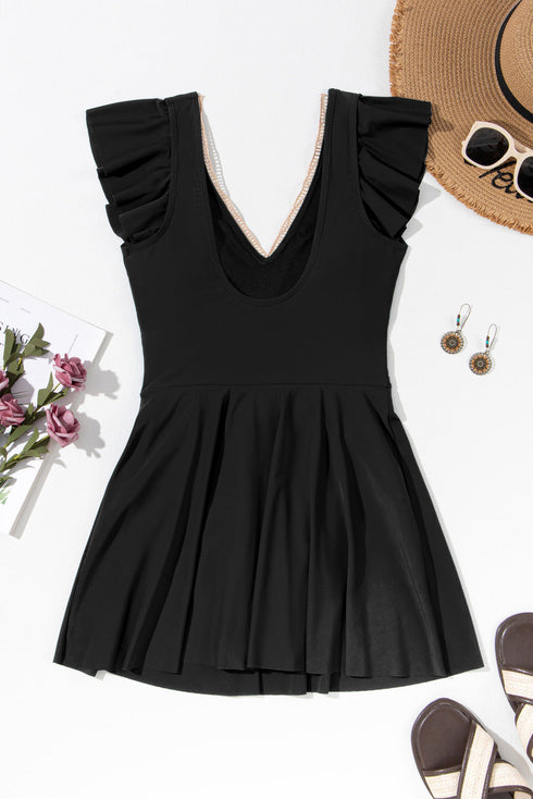Ruffled Lace Trim Short Sleeve V Neck Swim Dress