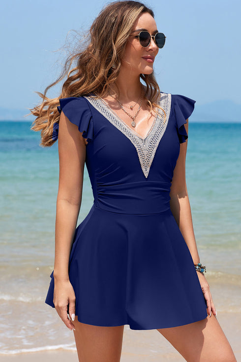 Ruffled Lace Trim Short Sleeve V Neck Swim Dress