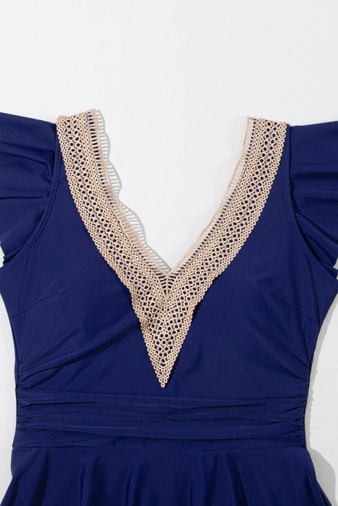Ruffled Lace Trim Short Sleeve V Neck Swim Dress