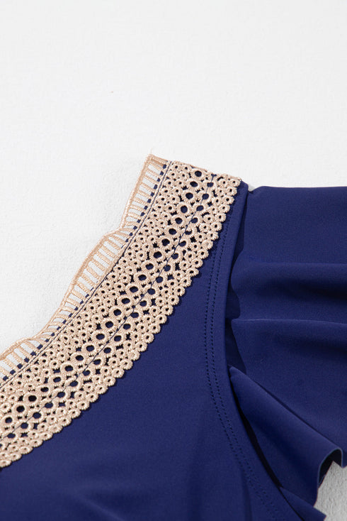 Ruffled Lace Trim Short Sleeve V Neck Swim Dress