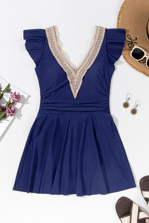 Ruffled Lace Trim Short Sleeve V Neck Swim Dress
