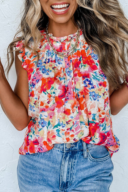 Ruffled Mock Neck Abstract Print Cap Sleeve Blouse