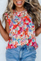 Ruffled Mock Neck Abstract Print Cap Sleeve Blouse