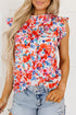 Ruffled Mock Neck Abstract Print Cap Sleeve Blouse