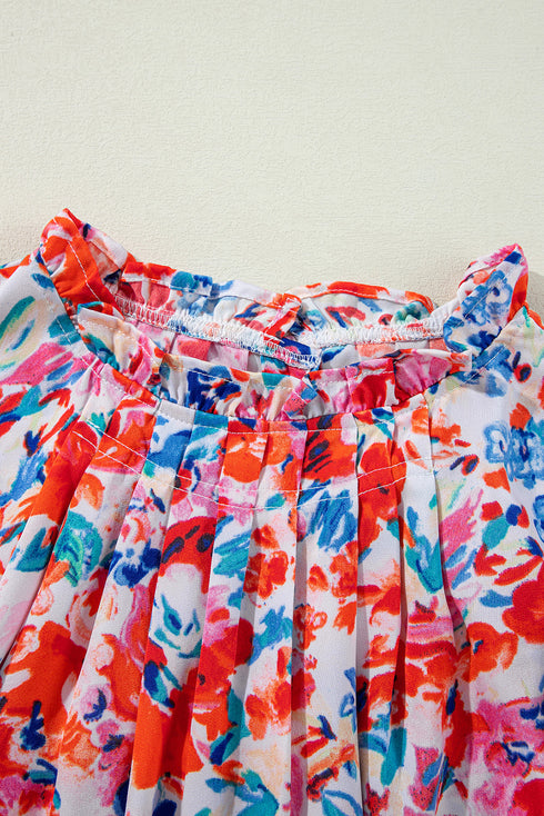 Ruffled Mock Neck Abstract Print Cap Sleeve Blouse