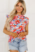 Ruffled Mock Neck Abstract Print Cap Sleeve Blouse
