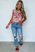 Ruffled Mock Neck Abstract Print Cap Sleeve Blouse