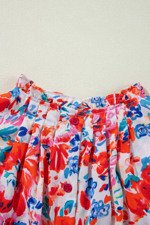 Ruffled Mock Neck Abstract Print Cap Sleeve Blouse