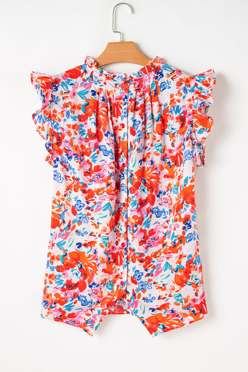 Ruffled Mock Neck Abstract Print Cap Sleeve Blouse