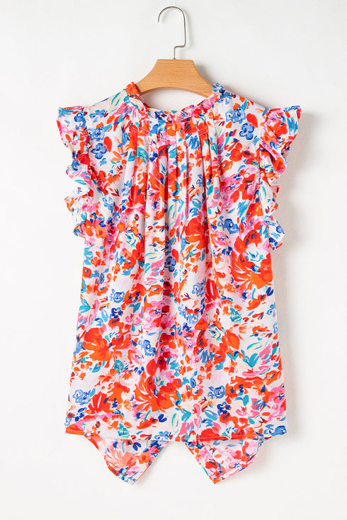 Ruffled Mock Neck Abstract Print Cap Sleeve Blouse