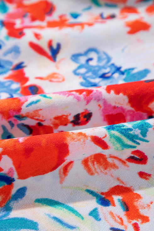 Ruffled Mock Neck Abstract Print Cap Sleeve Blouse