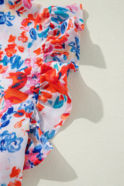 Ruffled Mock Neck Abstract Print Cap Sleeve Blouse