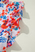 Ruffled Mock Neck Abstract Print Cap Sleeve Blouse