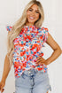 Ruffled Mock Neck Abstract Print Cap Sleeve Blouse