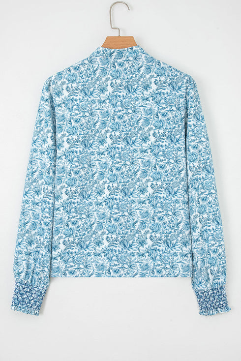 Ruffled Mock Neck Floral Print Smocked Cuff Blouse