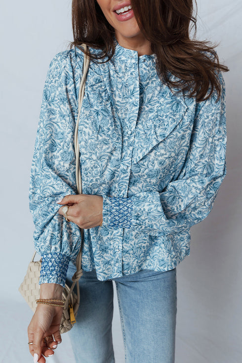 Ruffled Mock Neck Floral Print Smocked Cuff Blouse
