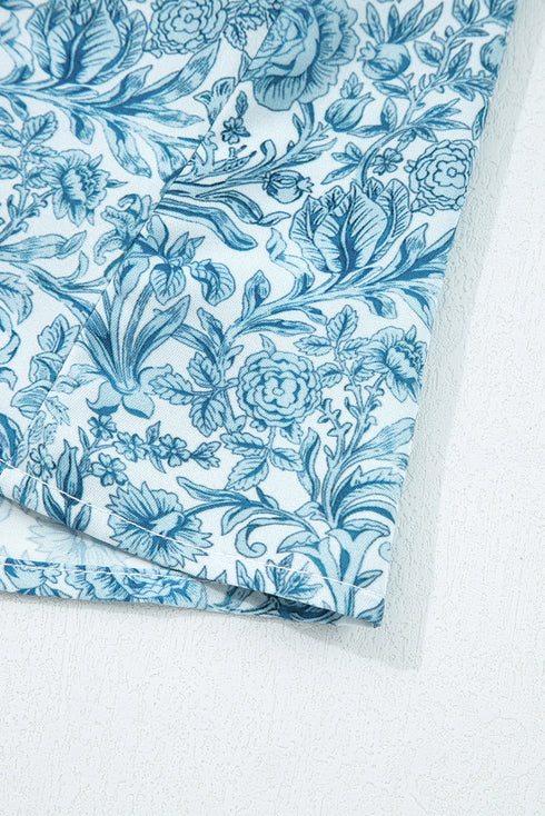 Ruffled Mock Neck Floral Print Smocked Cuff Blouse