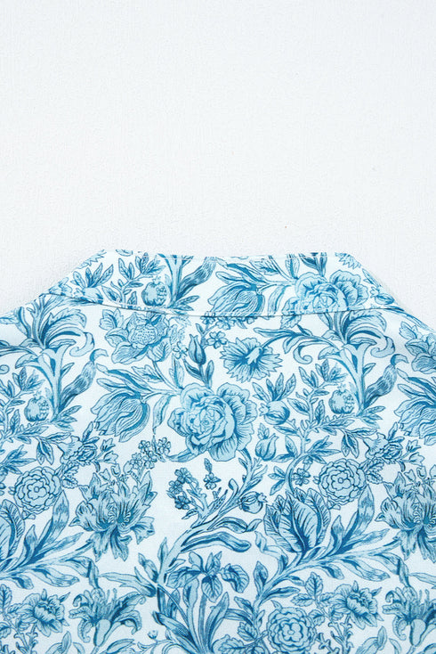 Ruffled Mock Neck Floral Print Smocked Cuff Blouse