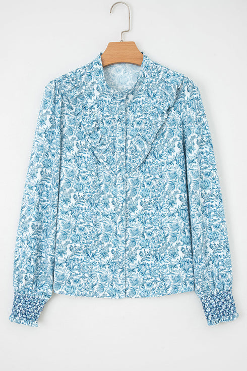 Ruffled Mock Neck Floral Print Smocked Cuff Blouse