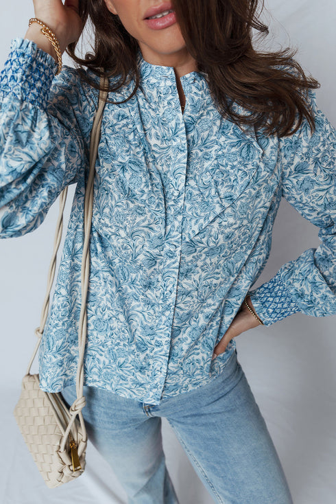 Ruffled Mock Neck Floral Print Smocked Cuff Blouse