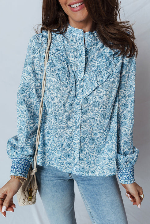 Ruffled Mock Neck Floral Print Smocked Cuff Blouse