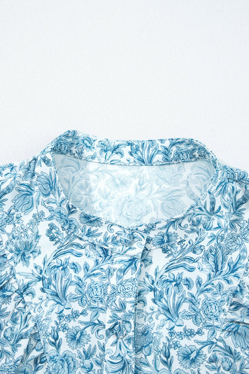 Ruffled Mock Neck Floral Print Smocked Cuff Blouse