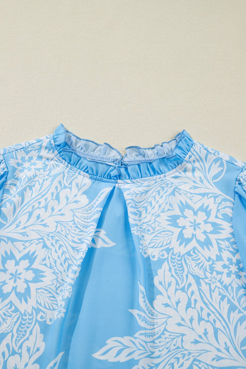 Ruffled Mock Neck Puff Sleeve Floral Print Blouse