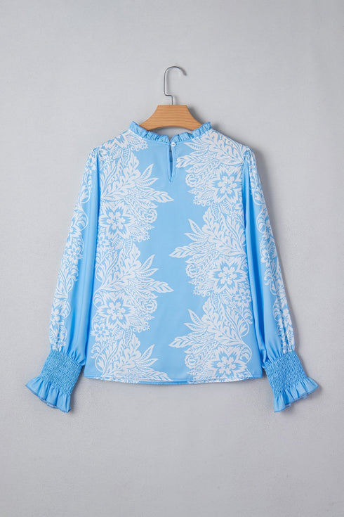Ruffled Mock Neck Puff Sleeve Floral Print Blouse