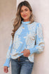 Ruffled Mock Neck Puff Sleeve Floral Print Blouse