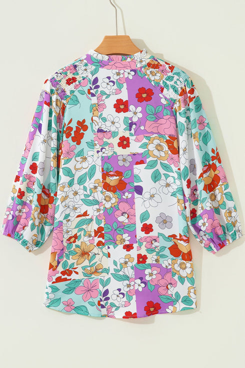 Ruffled Neckline Botanical Print Long Sleeve Blouse