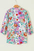 Ruffled Neckline Botanical Print Long Sleeve Blouse