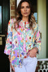 Ruffled Neckline Botanical Print Long Sleeve Blouse