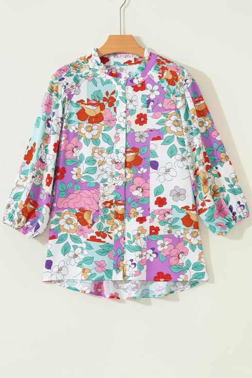 Ruffled Neckline Botanical Print Long Sleeve Blouse
