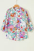 Ruffled Neckline Botanical Print Long Sleeve Blouse