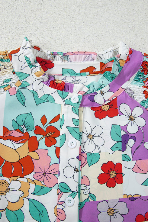 Ruffled Neckline Botanical Print Long Sleeve Blouse