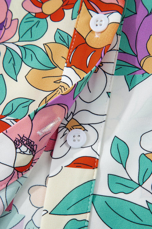Ruffled Neckline Botanical Print Long Sleeve Blouse
