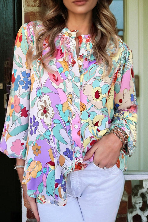 Ruffled Neckline Botanical Print Long Sleeve Blouse
