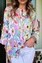Ruffled Neckline Botanical Print Long Sleeve Blouse