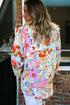 Ruffled Neckline Botanical Print Long Sleeve Blouse