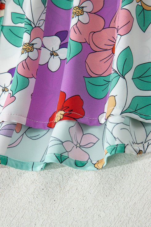 Ruffled Neckline Botanical Print Long Sleeve Blouse