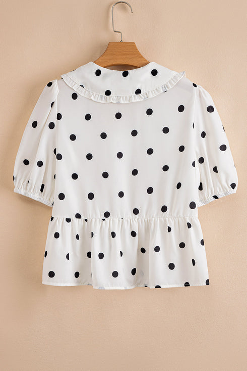 Ruffled Peter Pan Collar Dot Print Tie Front Blouse