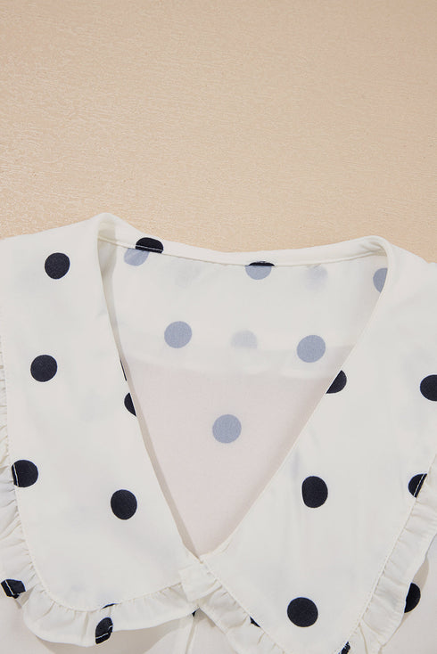 Ruffled Peter Pan Collar Dot Print Tie Front Blouse