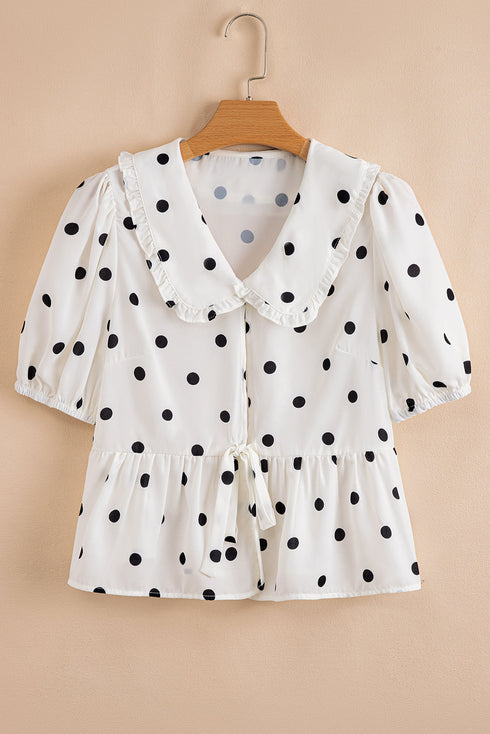 Ruffled Peter Pan Collar Dot Print Tie Front Blouse