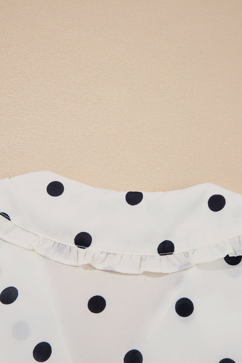Ruffled Peter Pan Collar Dot Print Tie Front Blouse