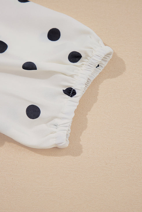 Ruffled Peter Pan Collar Dot Print Tie Front Blouse
