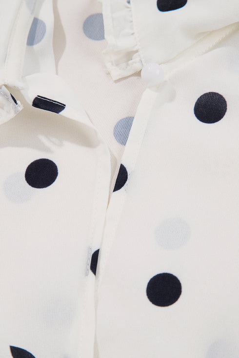Ruffled Peter Pan Collar Dot Print Tie Front Blouse