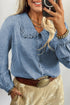 Ruffled Peter Pan Collar Solid Denim Western Shirt