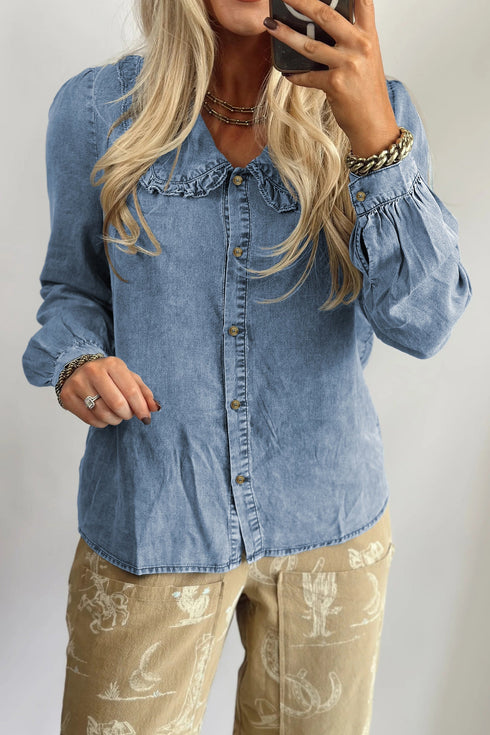 Ruffled Peter Pan Collar Solid Denim Western Shirt