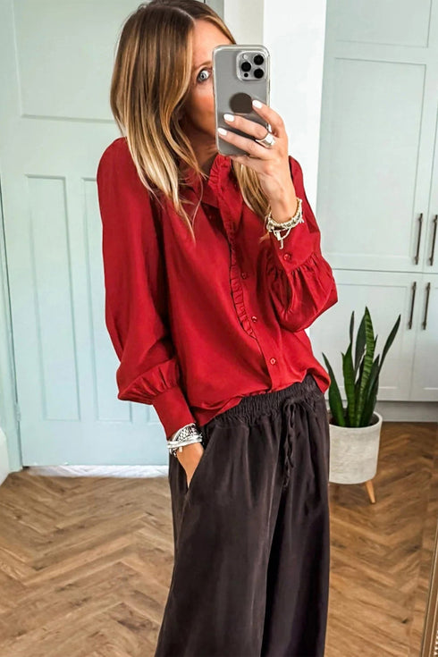 Ruffled Placket Long Sleeve Button Down Blouse